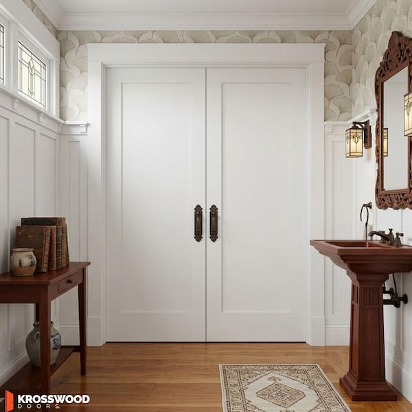 48 in. x 80 in. Craftsman Shaker 1-Panel Bi-Parting MDF Solid Core Primed Wood Double Prehung Interior French Door