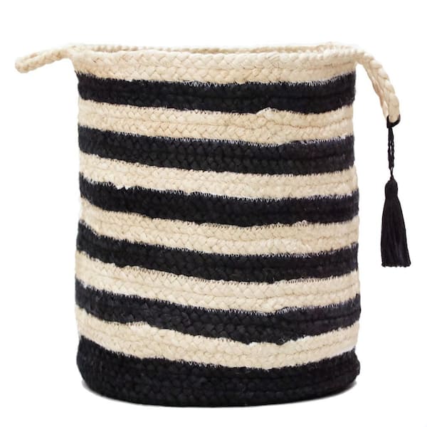 Unbranded Amara Striped Off-White / Black 19 in. Jute Decorative Storage Basket with Handles