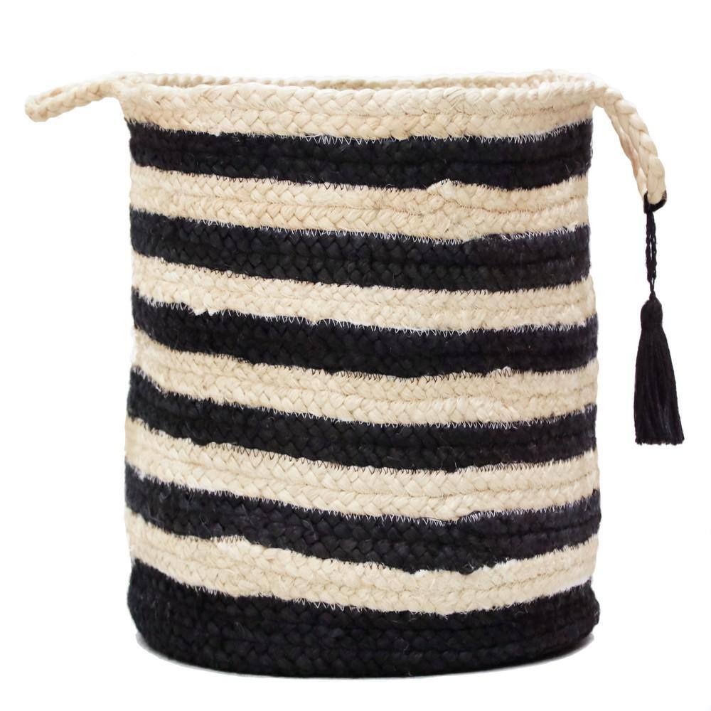 Amara Striped Off-White / Black 17 in. Jute Decorative Storage Basket with 