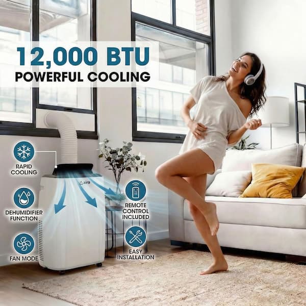 12,000 BTU (8,000 BTU DOE) Portable Air Conditioner Cools 550 sq. ft. with Dehumidifier and LCD Remote in White