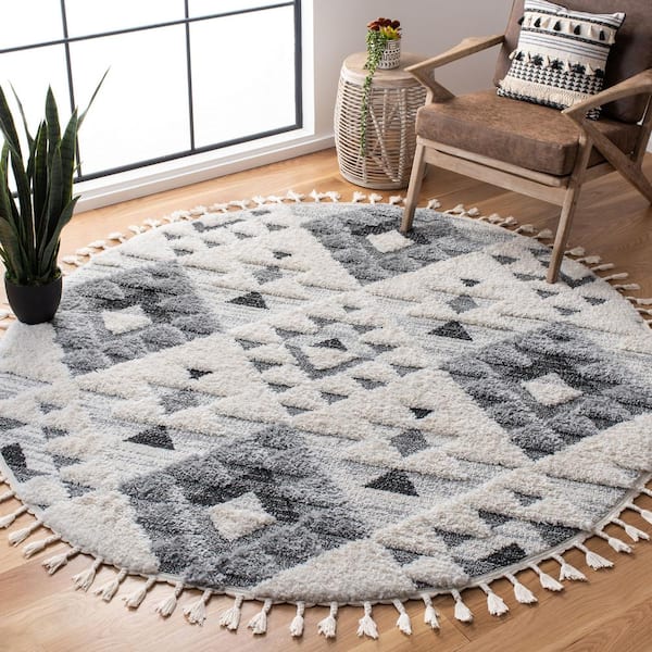 Moroccan Tassel Shag Ivory/Gray 12 ft. x 12 ft. High-Low Geometric Fringe Round Area Rug