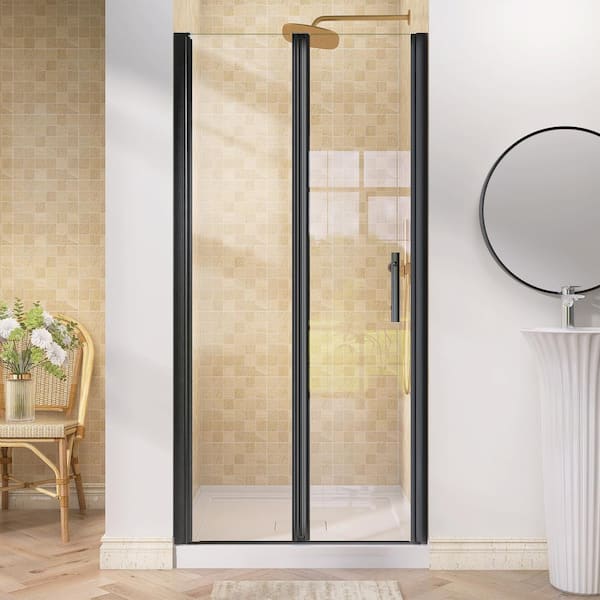 NTQ 36 to 37.25 in. W. x 72 in. H Bifold Hinged Shower Panel Swing Frameless Shower Door in Black with Clear Glass Handle