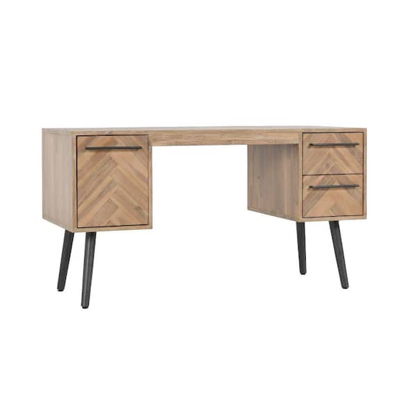Benjara 55.25 in. Rectangular Herringbone Brown Solid Oak Wood 3 Drawer Office Table Writing Desk