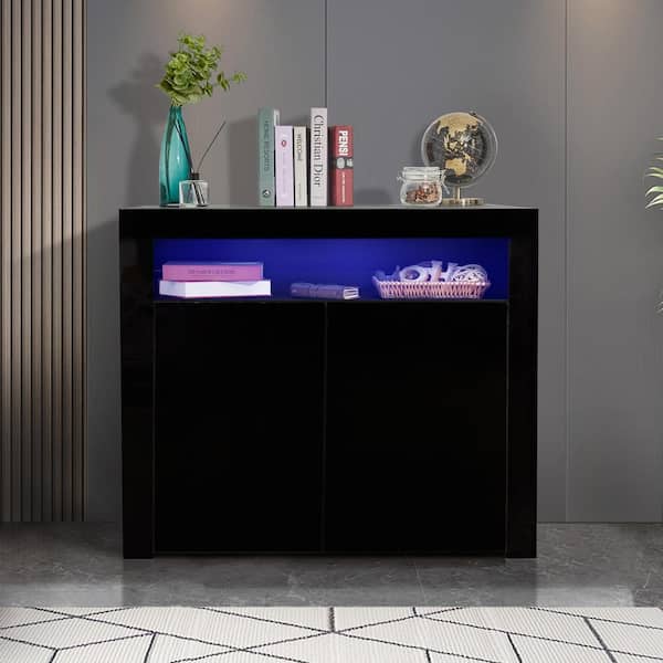 White Gloss Sideboard Cabinet With Glass compartment 16 Colors Led Lights Furniture For Living Room 