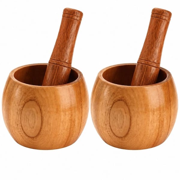 2-Pack Solid Jujube Wood Mortar and Pestle Set, 1.5 Cup Capacity Herb and Spice Grinder with 5.9