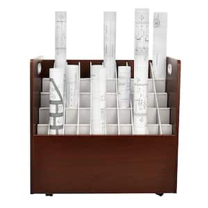 50-Compartment Mahogany Mobile Wood Roll File Storage Organizer