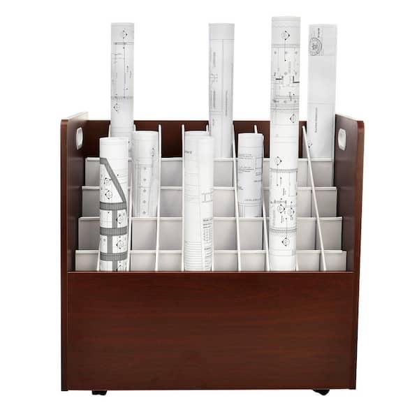 50-Compartment Mahogany Mobile Wood Roll File Storage Organizer