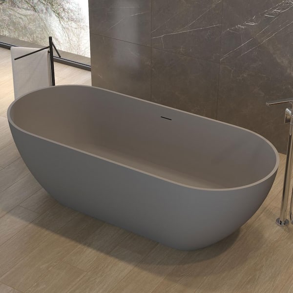 62.9 in. x 29.52 in. Contemporary Oval Solid Surface Soaking Bath Tub Stone Resin Freestanding Bathtub in Matte Gray