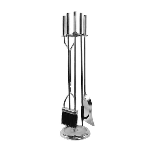 ACHLA DESIGNS 30 in. Tall 5-Piece Chrome Neoclassic Fireplace Tool Set with Round Base