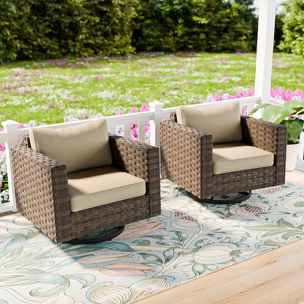 Patio Brown Swivel Wicker Outdoor Rocking Chair with Beige Cushions (2-Pack)