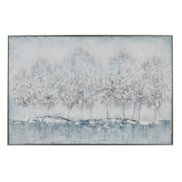 Litton Lane 47 In X 31 5 In Rectangular Silver And Blue Nature Canvas Wall Art With Silver Wood Frame 87882 The Home Depot