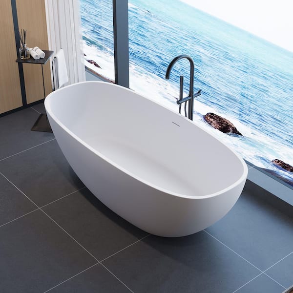 Moray 67 in. x 29.5 in. Solid Surface Stone Resin Flatbottom Freestanding Soaking Bathtub in Matte White
