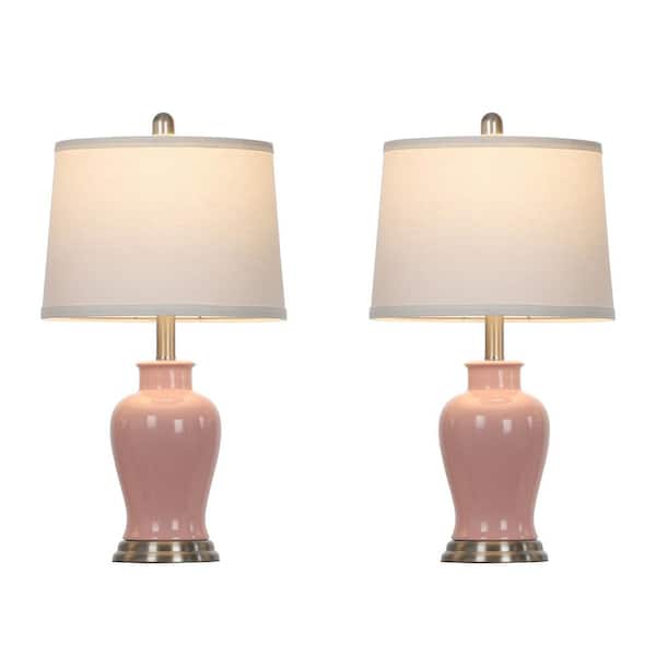 Bedside 23 in. Pink Ceramic Table Lamps Set with Drum Shade and Rotary Switch (Set of 2)