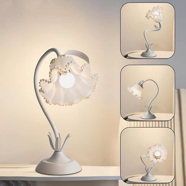 19 in. White Vintage Flower Bedside Table Lamp with LED Bulb Included Lamp-1124