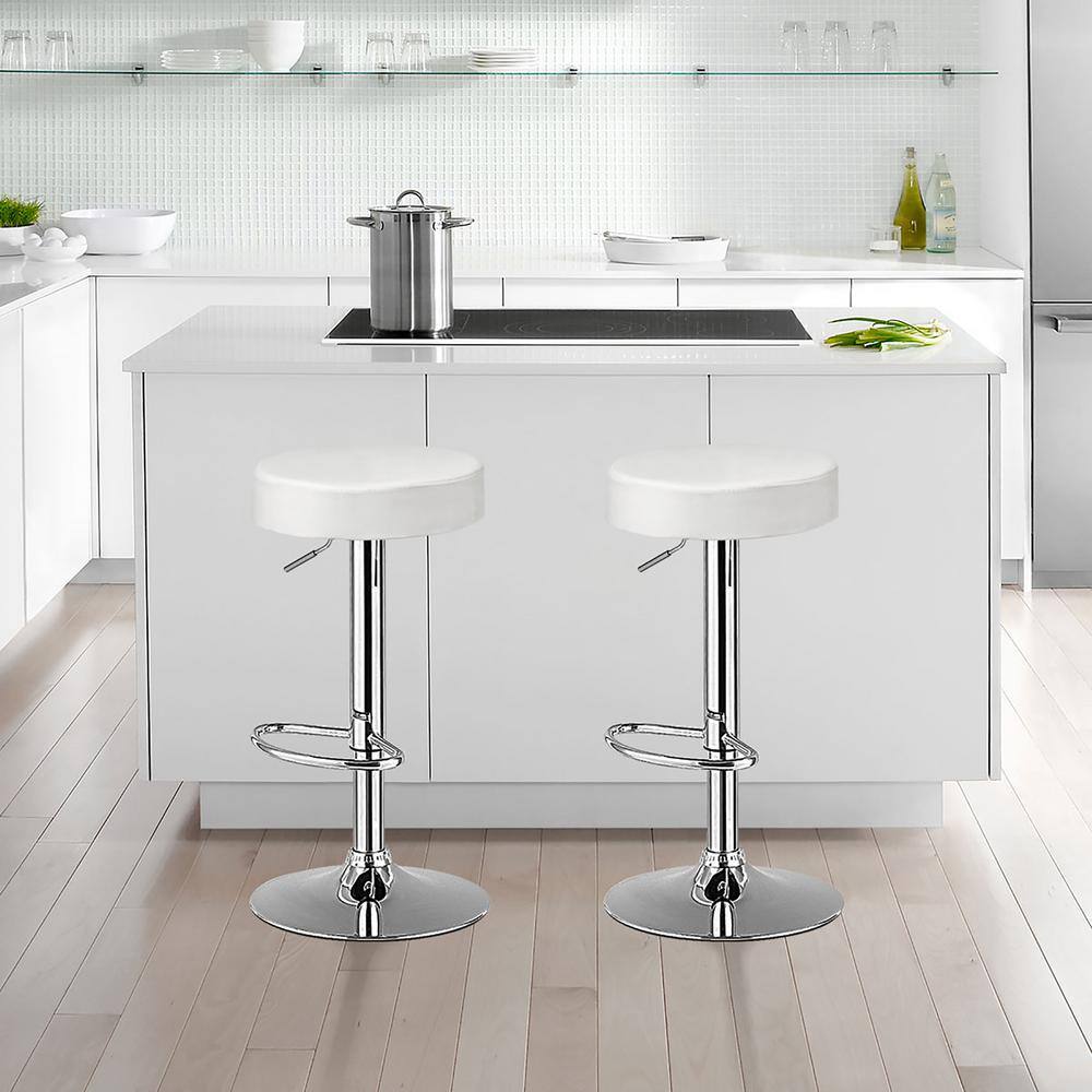 White Adjustable Swivel Backless Metal and Leather Bar Stool