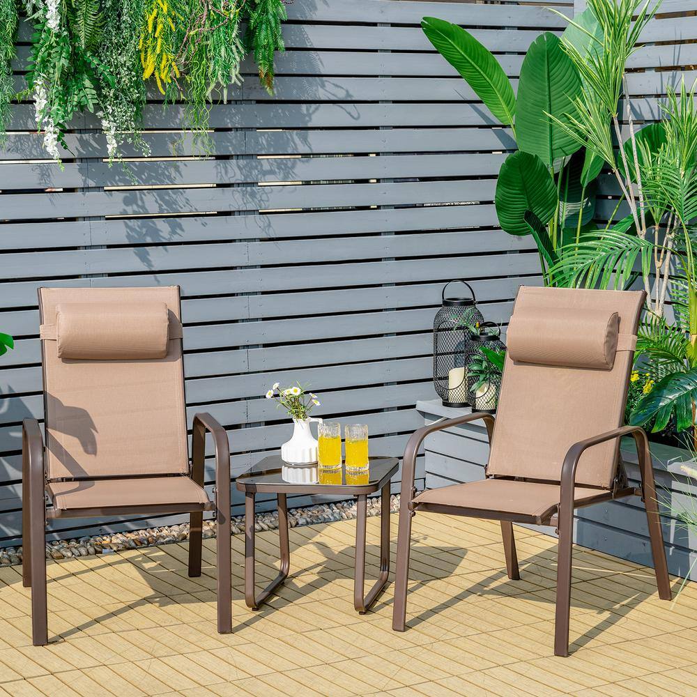 3-Piece Stackable Metal Outdoor Bistro Conversation Set with Coffee Table and Adjustable Backrest, Brown price history on PriceWatchPro