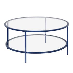 Sivil 36 in. Mykonos Blue Round Glass Top Coffee Table with Shelf
