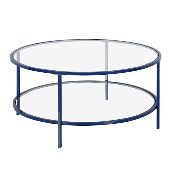Meyer&Cross Sivil 36 in. Mykonos Blue Round Glass Top Coffee Table with Shelf