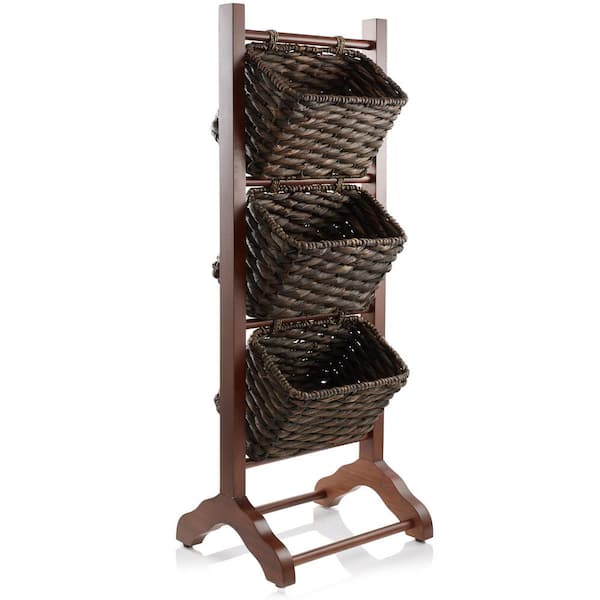 Casafield Brown 15 in. x 38.25 in. Acacia Wood Decorative Basket 3-Tier Floor Stand, Espresso Water Hyacinth Storage Baskets