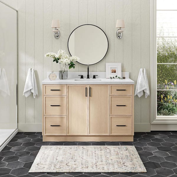 Kelly 54.25 in. W x 22 in. D x 36 in. H Single Sink Bath Vanity in White Oak with Carrara White Quartz Top