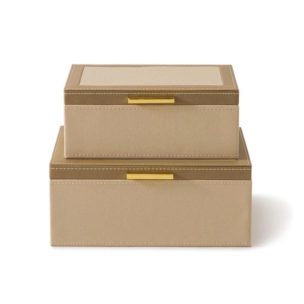 Beige 12 in. x 5 in. Faux Leather Decorative Box with Lids and Gold Hardware Set of 2 HDDY2T16CD