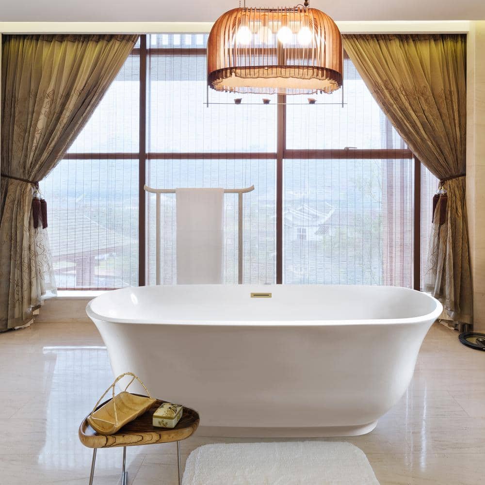 59" Glossy White Acrylic Freestanding Soaking Bathtub with Brushed Brass Drain