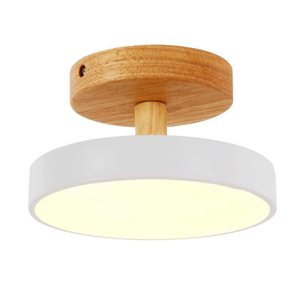 7.08 in. 1-Light White and Wood Modern Round Selectable LED Semi-Flush Mount Ceiling Light for Kitchens Hallways price history on PriceWatchPro