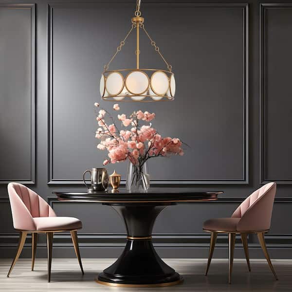 3-Light Antique Gold Modern Pendant Light, Frosted Glass Round Chandelier, Transitional Dining Room Drum Chandelier