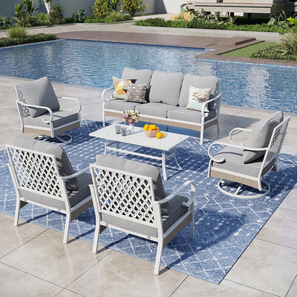 White 6-Piece Metal Outdoor Patio Conversation Seating Set with Swivel Chairs, Marbling Coffee Table and Gray Cushions price history on PriceWatchPro
