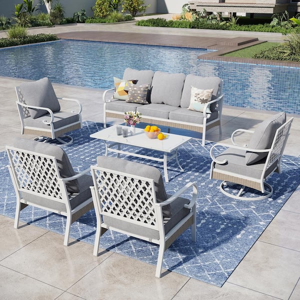 PHI VILLA White 6-Piece Metal Outdoor Patio Conversation Seating Set with Swivel Chairs, Marbling Coffee Table and Gray Cushions