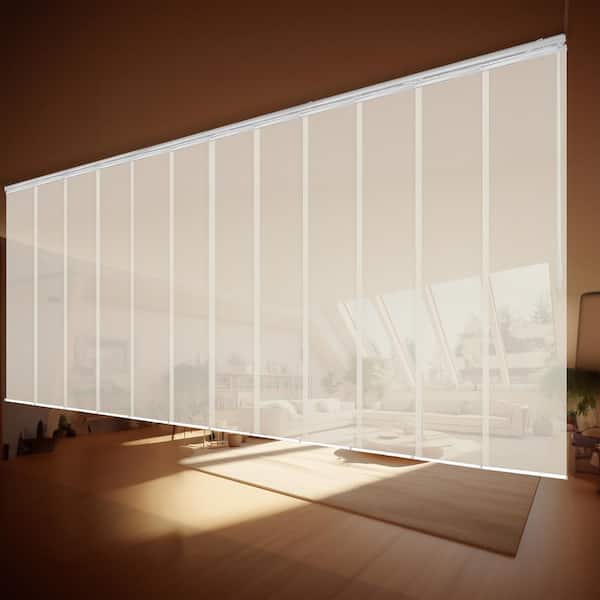 EMOH Ivory Mesh 140 in. to 260 in. W x 94 in. L Adjustable 12-Panel Satin Nickel Double Rail Panel Track with 23.5 in. Slates
