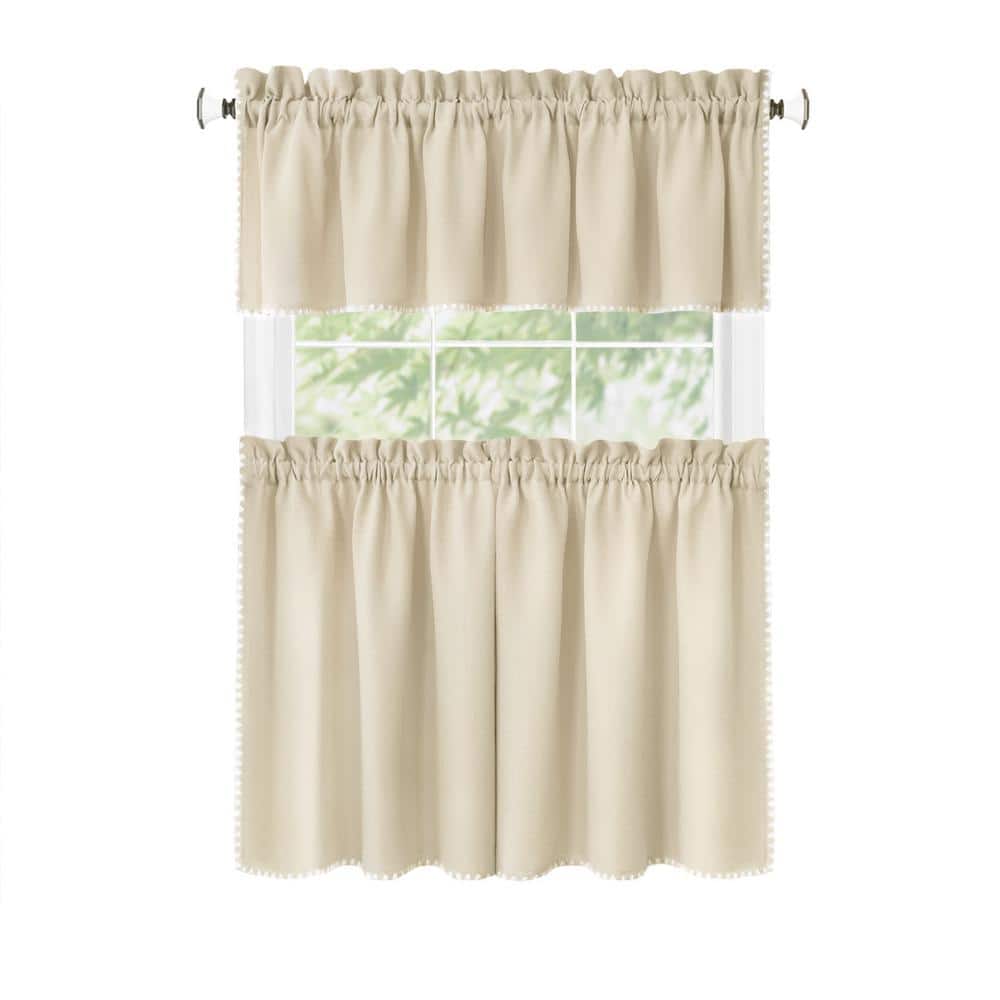 Tan and White Light Filtering Tier and Valance Curtain Set