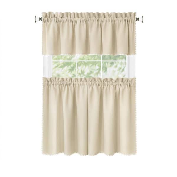 ACHIM Kendal Polyester Light Filtering Tier and Valance Window Curtain Set - 58 in. W x 36 in. L in Tan/White