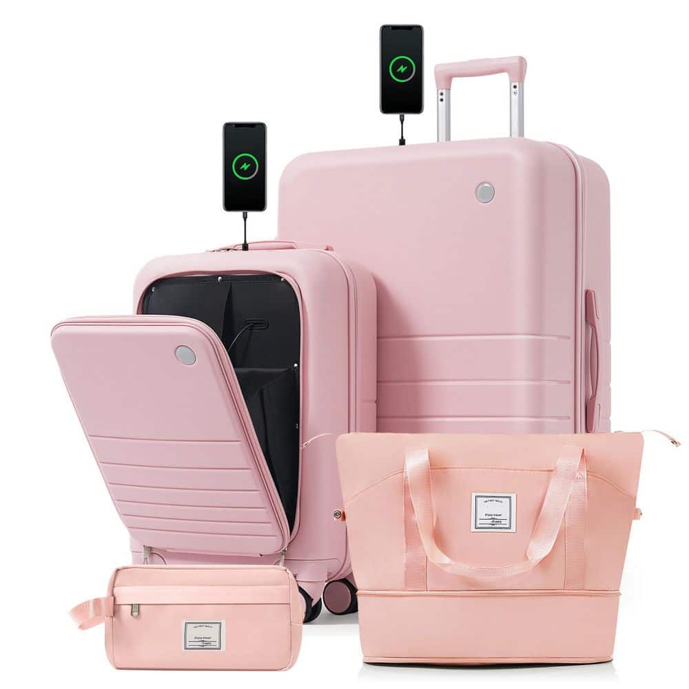 4 Bags 4-Piece Pink Expandable ABS Hardshell Luggage Set with Duffel Toiletry Bag, USB Port, Front Opening(20")