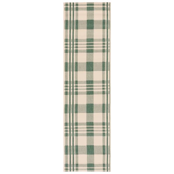 Courtyard Green/Beige 2 ft. x 10 ft. Plaid Indoor/Outdoor Runner Rug