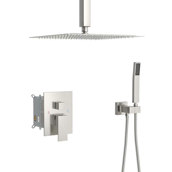 Fapully Single Handle 2-Spray Shower Faucet 1.8 GPM with Drip Free, 16'' Ceiling Mount with Hand Shower in. Brushed Nickel