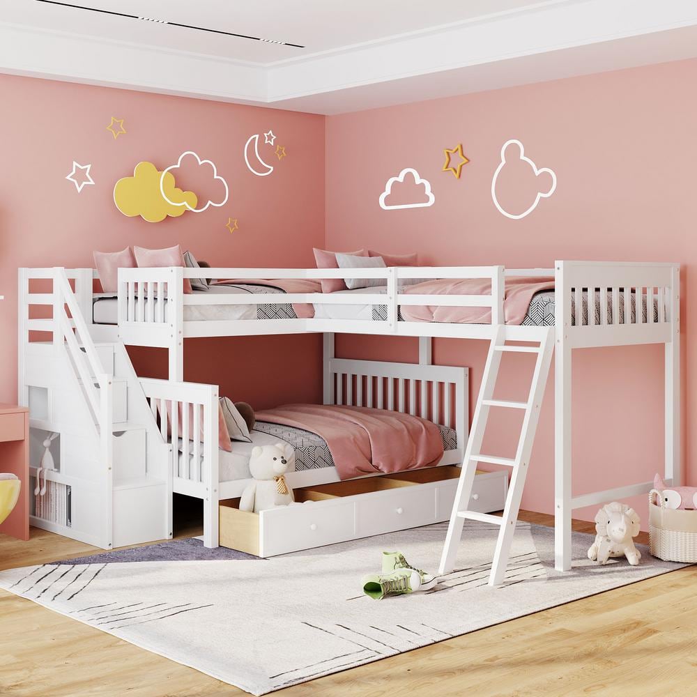 L-Shaped White Twin-Twin Over Full Wood Bunk Bed with Built-in Storage Staircase, 3-Drawer