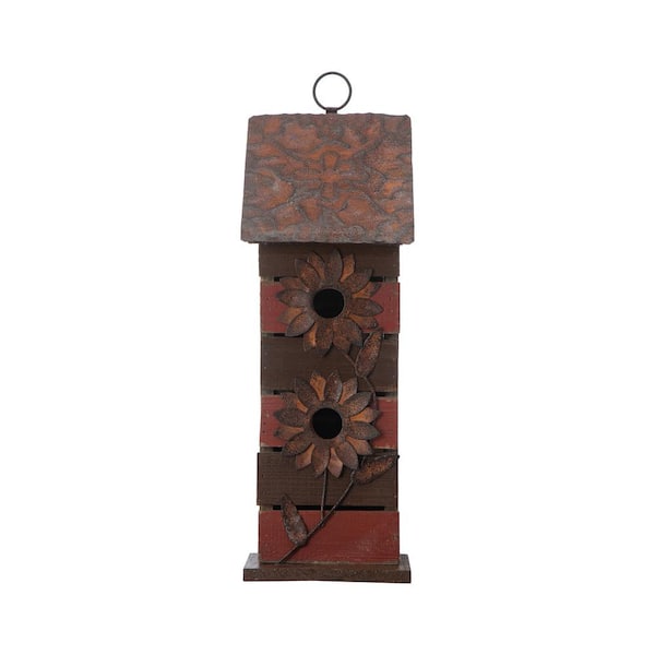 Glitzhome 14.5 in. H 2-Tiered Distressed Solid Wood Birdhouse With Flowers