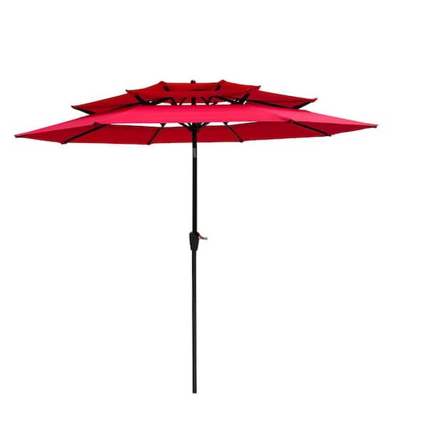 CoolSum 9 ft. Steel Push-Up Three-Layer Patio Umbrella in Red with Crank, Tilt and Wind Vents, UV-Resistant