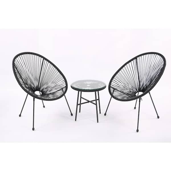 Unbranded Acapulco 3-Piece Black Rattan Wicker Outdoor Conversation Bistro Set with Side Table