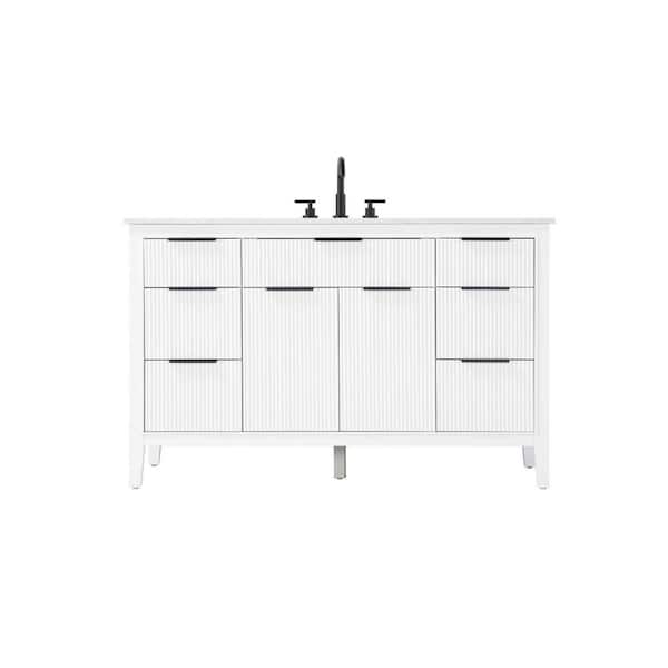 54 in. Single Sink Freestanding White Bath Vanity with Marble White Engineered Marble Top