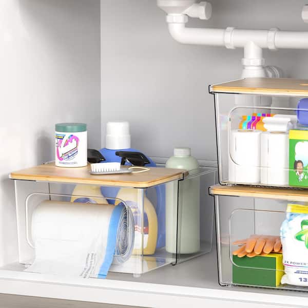 2-in-1 Clear Acrylic Trash Bag Dispenser and Organizer with Bamboo Lid for Kitchen Pantry Laundry Room Storage