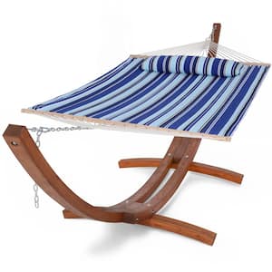 Quilted 2-Person Hammock with 13.7 ft. Wooden Curved Arc Stand in Blue Stripes