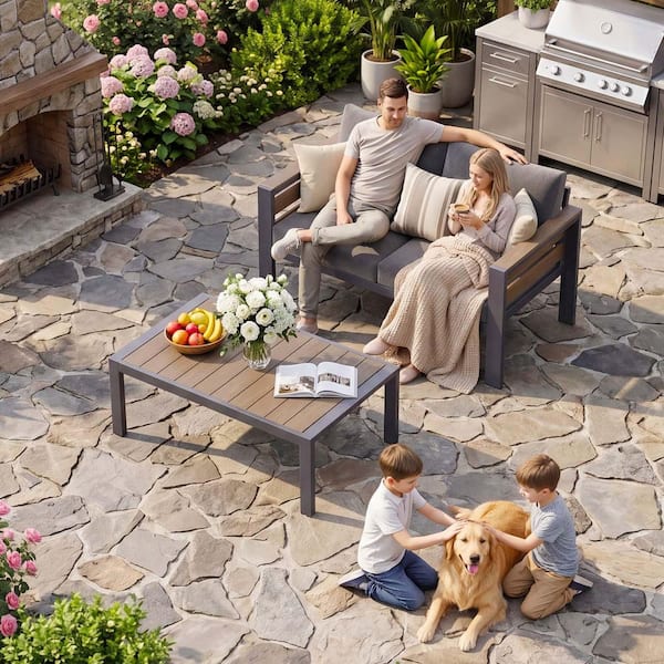 Outdoor Aluminum Patio Furniture Set 2-Piece Loveseat Sofa w/ Coffee Table for Patio Conversation Set Cushions, Gray