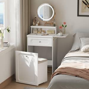 2-Piece White Makeup Vanity with Adjustable Round Mirror and Light, 2 in 1-Nightstand, Dressing Table with a Chair