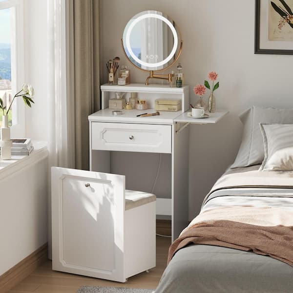 Unbranded 2-Piece White Makeup Vanity with Adjustable Round Mirror and Light, 2 in 1-Nightstand, Dressing Table with a Chair