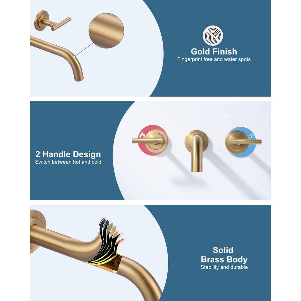 Brushed Gold Wall Mount Double Handle Tub Faucet