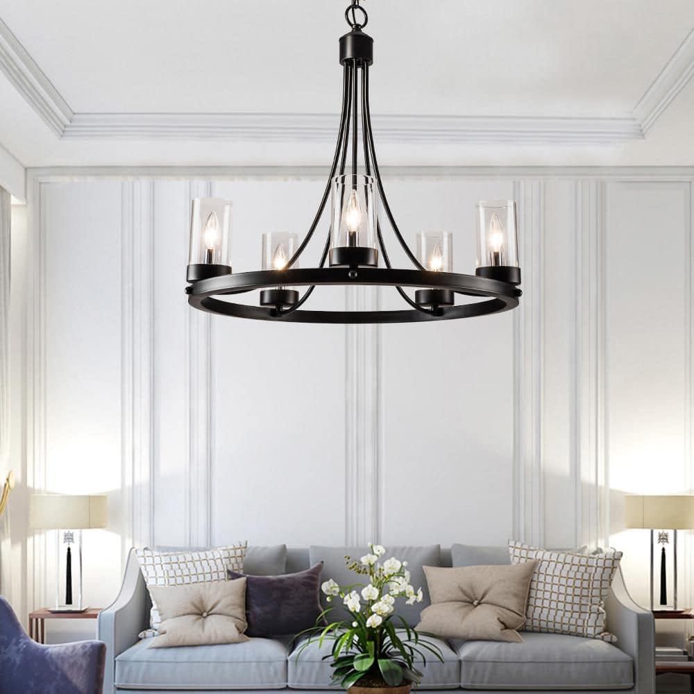 5-Light 25 in. Black Farmhouse Wagon Wheel Dimmable Chandeliers Dining Kitchen Ceiling Lights Foyer Bedroom Lighting price history on PriceWatchPro