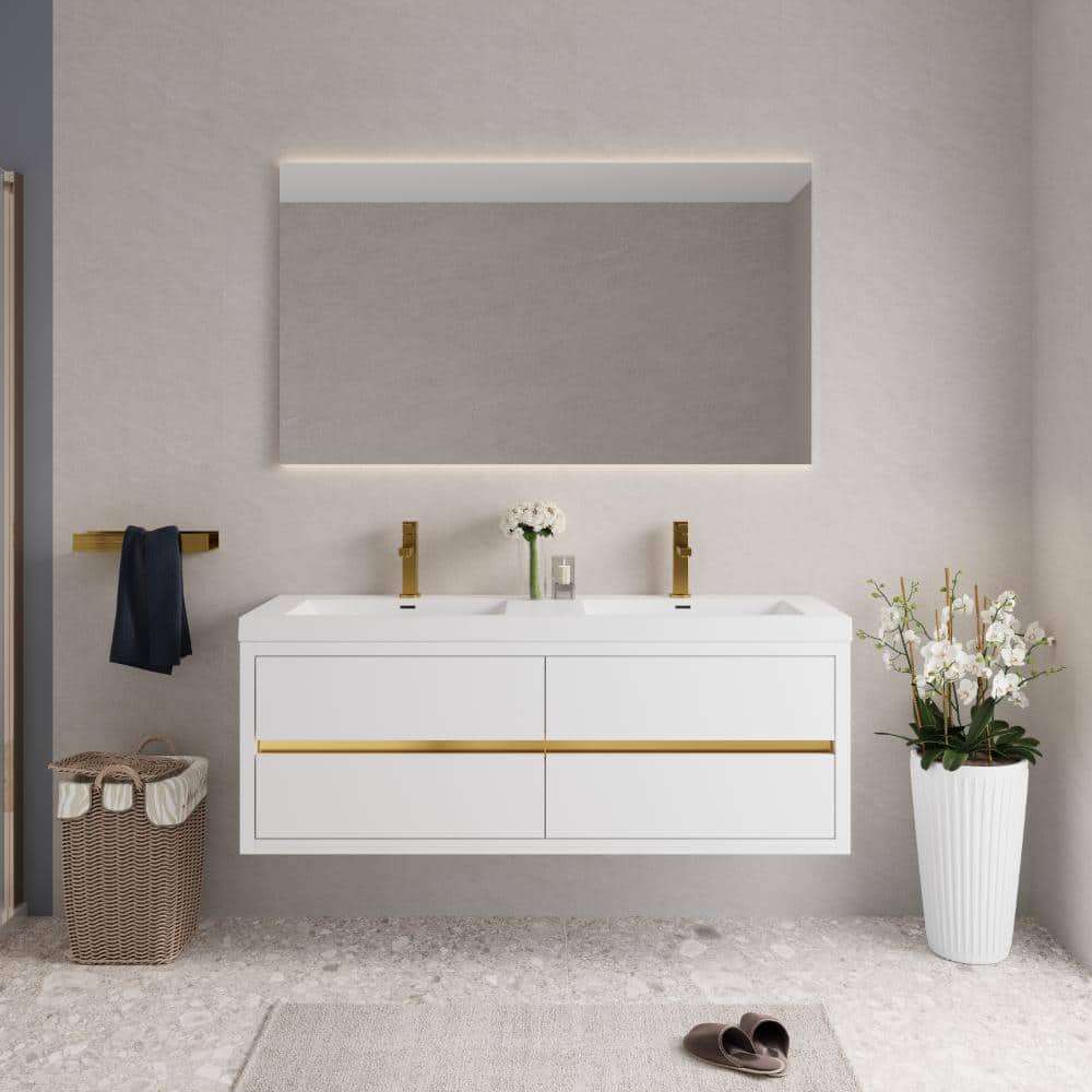 60 in. W Double Sink Wall-Mounted Floating Bath Vanity Storage Cabinet in Glossy White with White Stone Resin Top price history on PriceWatchPro