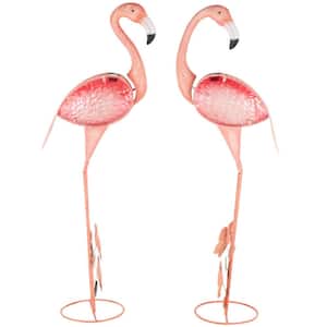 46 in. Oversized Metal Tall Flamingo Garden Sculpture with Floral and Shimmer Accents (2-Pack)